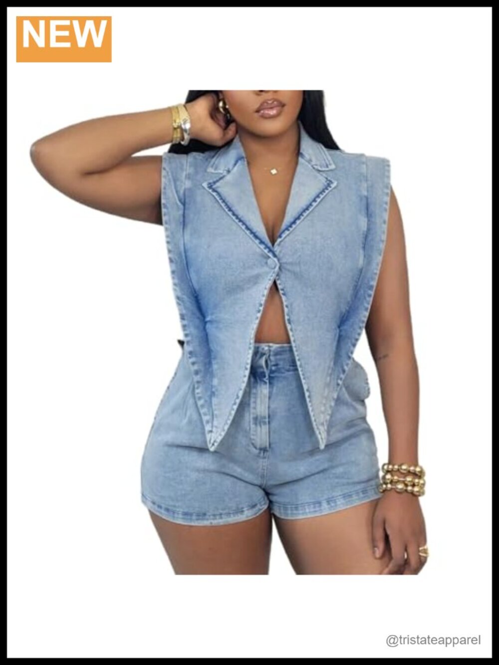 Denim Jumpsuit Cap Sleeve V Neck Button Down High Waist Romper